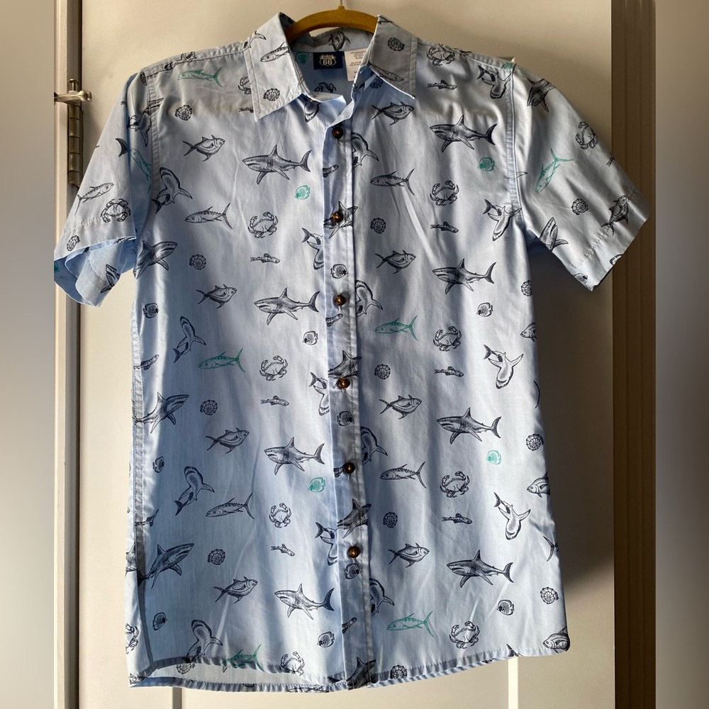 Route 66, Boy’s Size XL (14/16) Short Sleeved Button Down Shirt, Blue Sea Life